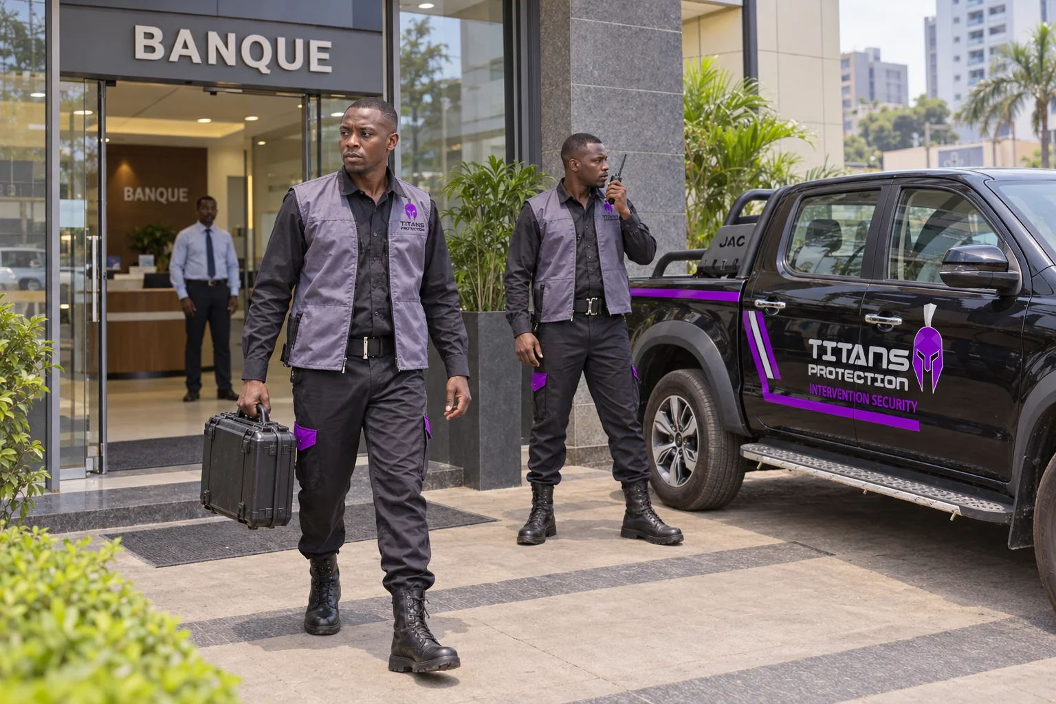 Illustrative scene of Titans officers escorting a closed transfer case outside a bank beside a branded vehicle