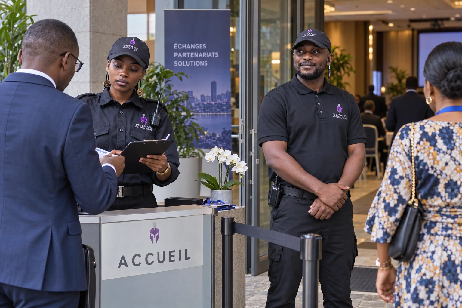 Illustrative scene of Titans staff checking guest invitations and coordinating access at a formal reception