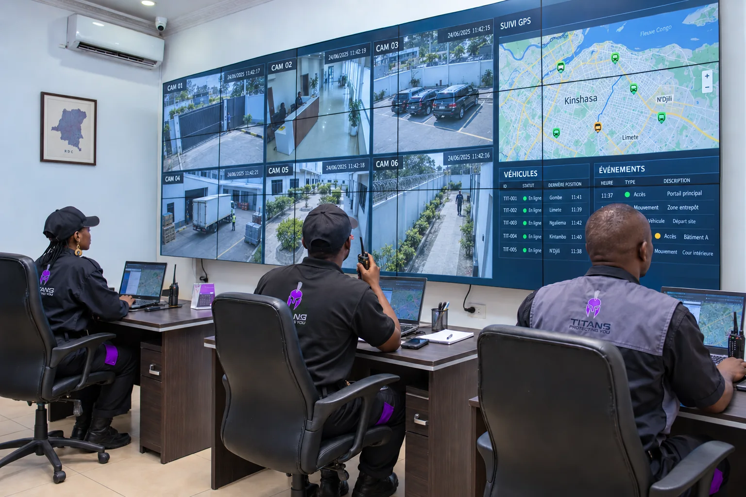 Monitoring-room visualisation with three Titans agents, six CCTV feeds, GPS and event panels, and a framed DRC map